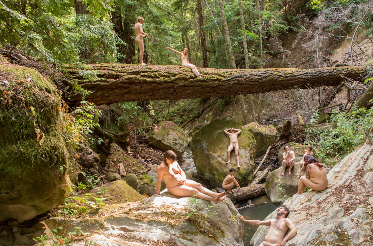 nudist group by ocean reaches for the sky