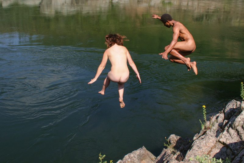 jumping naked into river water